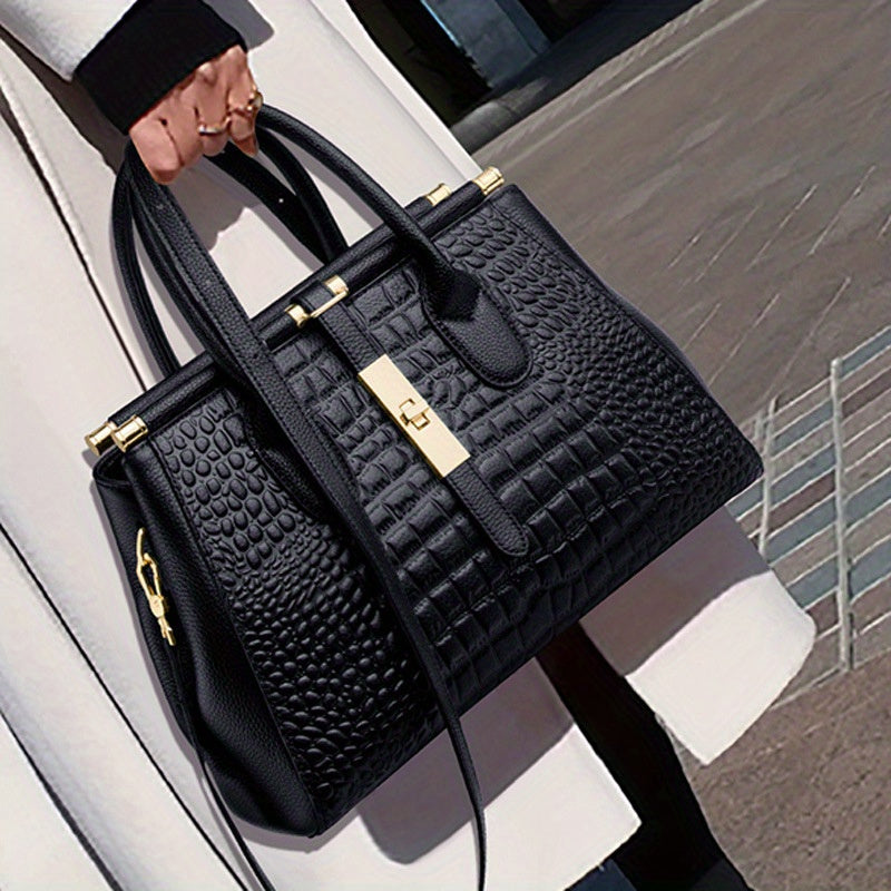 Crocodile Pattern Handbag - Fashionable Zipper Two Hand Handle Handbag - Perfect for Work and Office Use
