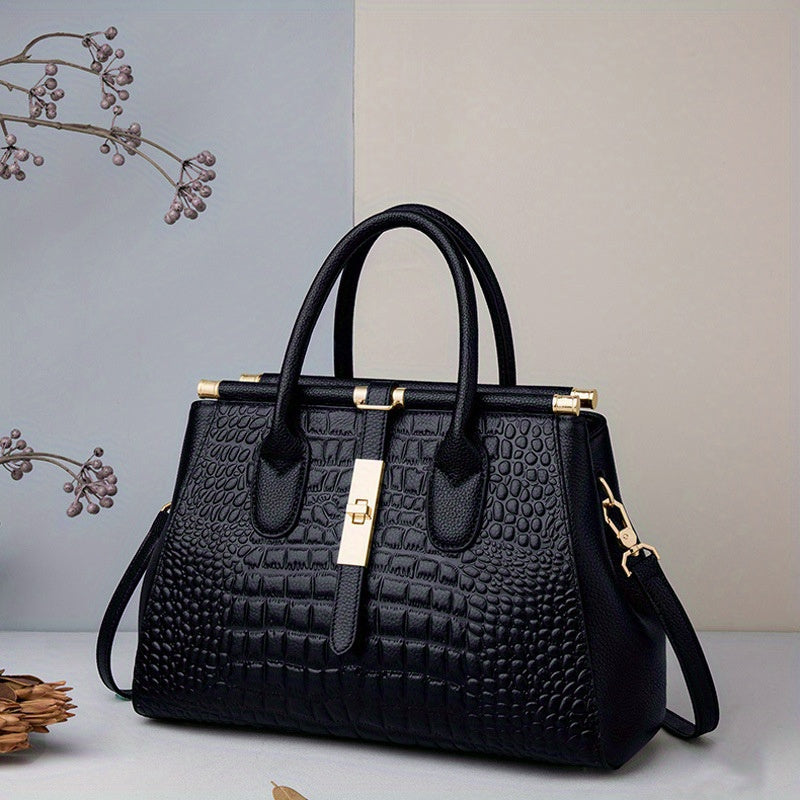 Crocodile Pattern Handbag - Fashionable Zipper Two Hand Handle Handbag - Perfect for Work and Office Use