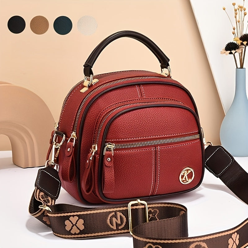Stylish Handbag Stylish Women's Compact Handbag | Multiple Pockets, Adjustable Crossbody Strap, Layered Design - Red, Golden-Tone Zippers, Black Accents, Perfect for Casual Everyday Use, Small Purse