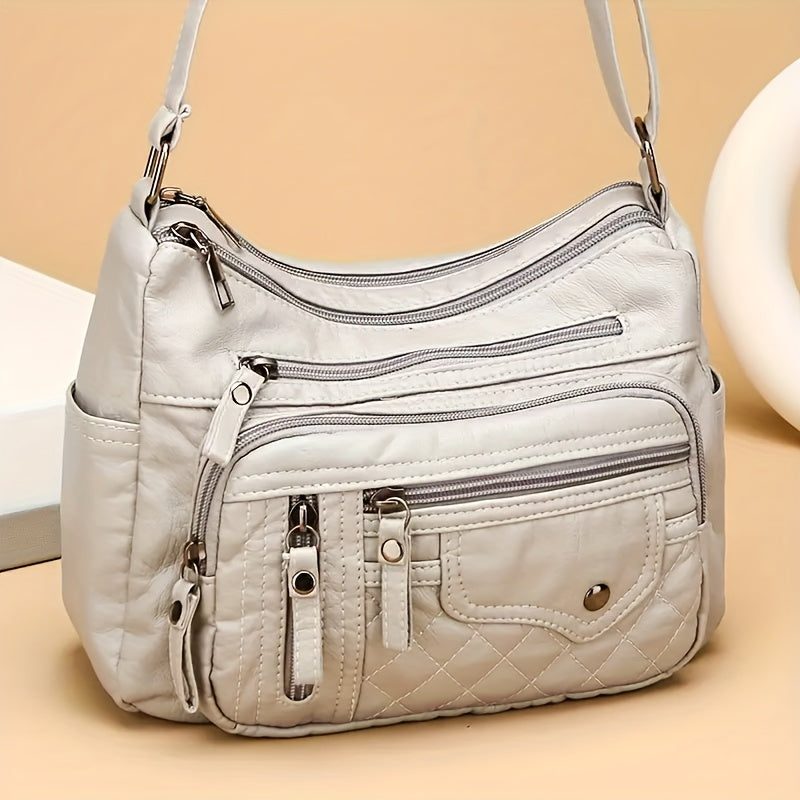 Fashionable Large Capacity PU Shoulder Bag Multifunctional Crossbody Bag, Women'S Shoulder Bag, With Adjustable Shoulder Strap, Anti-theft Zipper Closure. Multi Zipper And Multi Pocket Design Handbag, Suitable For Daily Use.