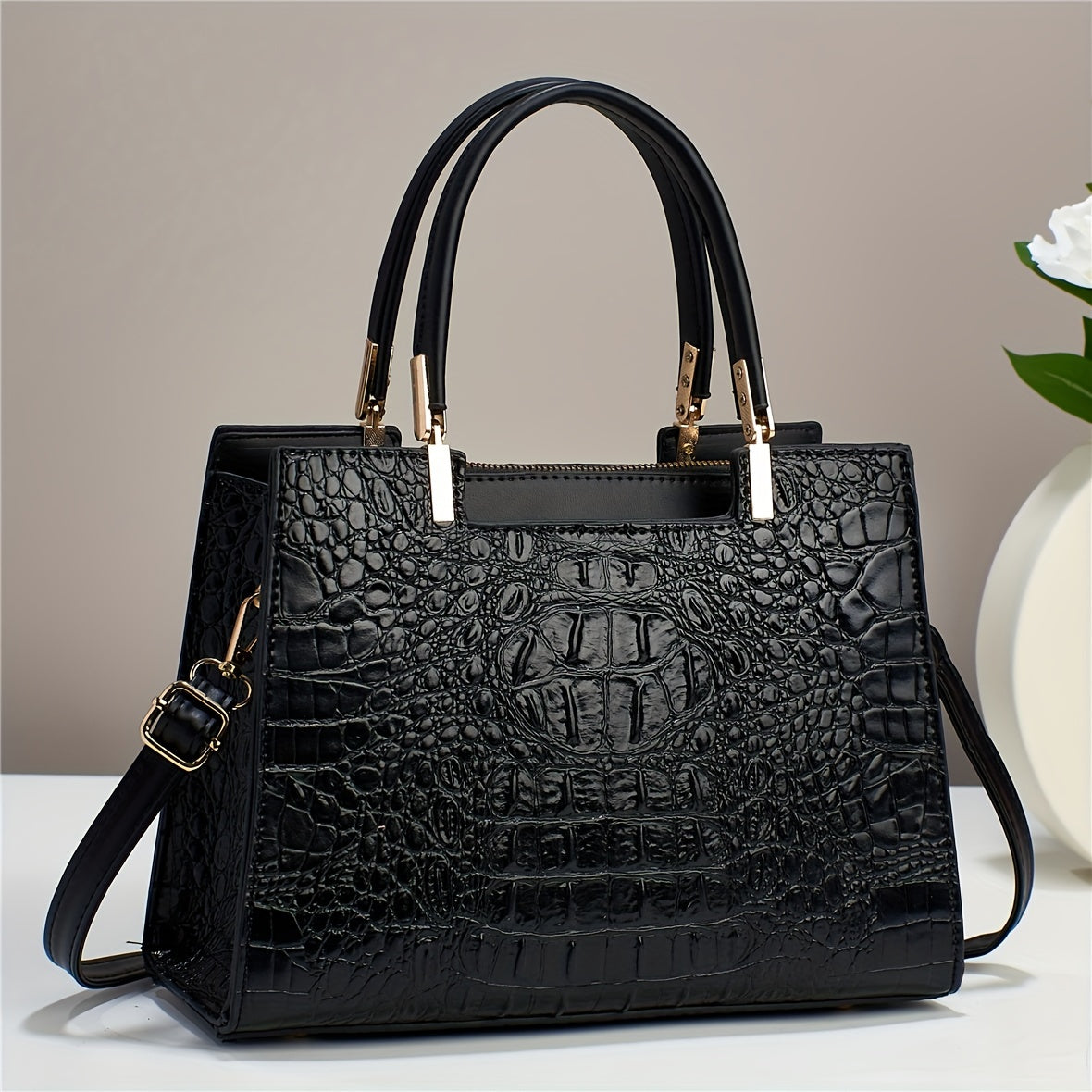 Small Stylish Crocodile Pattern Crossbody Tote Bag, Fashion Satchel Purse With Multi Pockets For Women