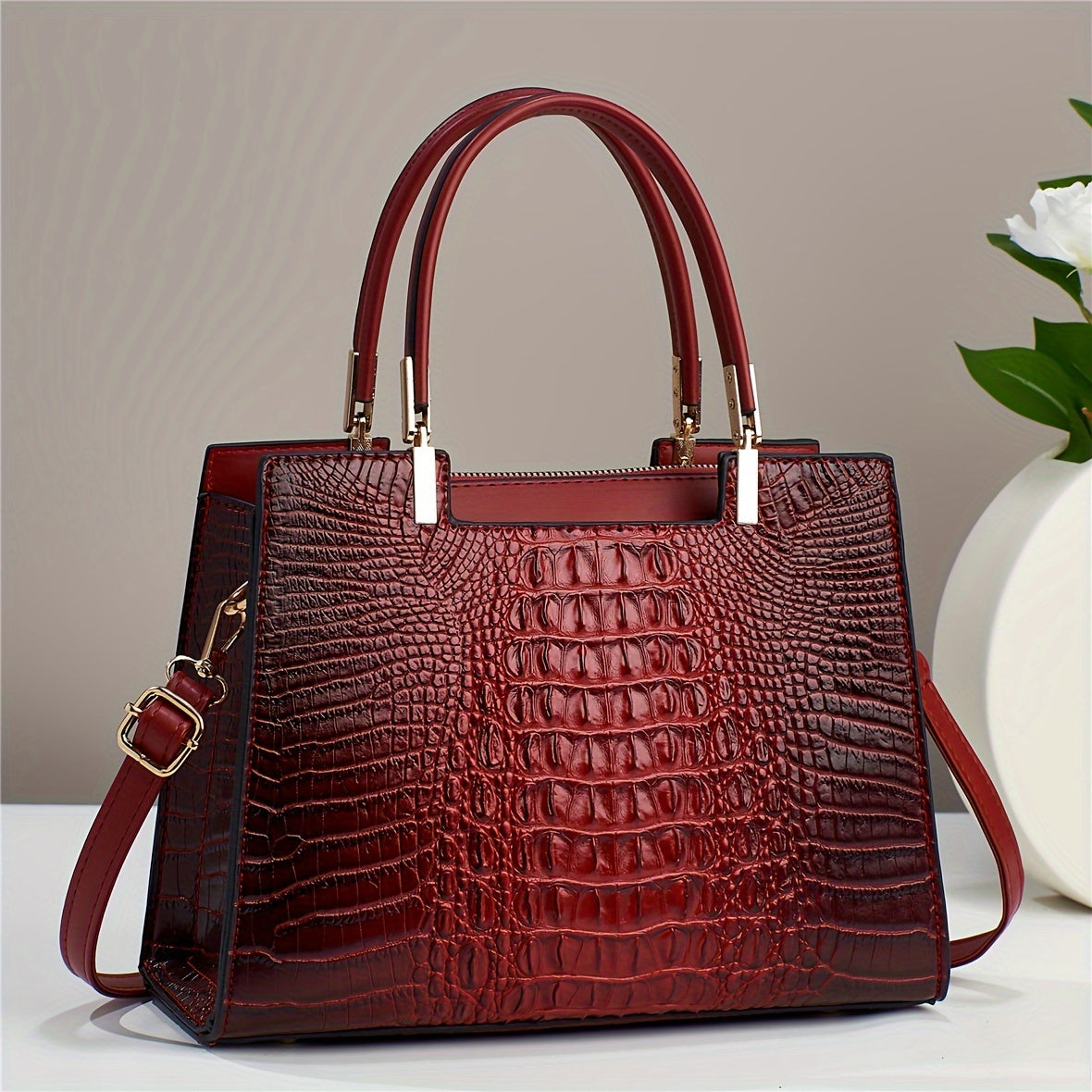 Small Stylish Crocodile Pattern Crossbody Tote Bag, Fashion Satchel Purse With Multi Pockets For Women