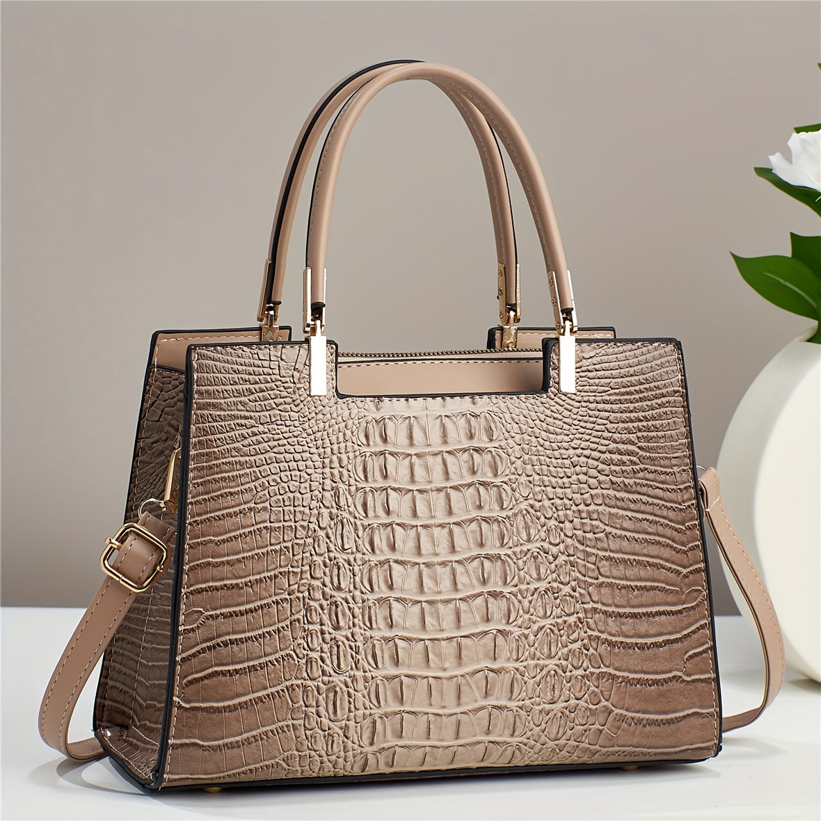 Small Stylish Crocodile Pattern Crossbody Tote Bag, Fashion Satchel Purse With Multi Pockets For Women