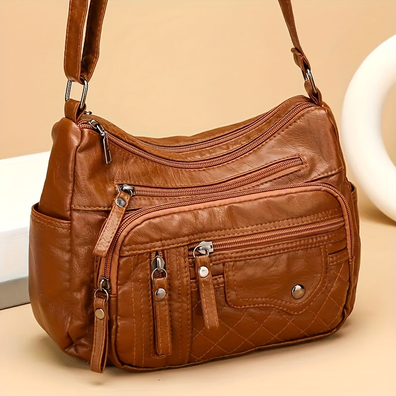 Fashionable Large Capacity PU Shoulder Bag Multifunctional Crossbody Bag, Women'S Shoulder Bag, With Adjustable Shoulder Strap, Anti-theft Zipper Closure. Multi Zipper And Multi Pocket Design Handbag, Suitable For Daily Use.