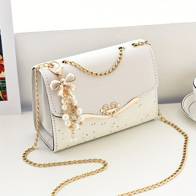 Sparkling color blocked women's shoulder bag Bow chain tote bag Fashionable large capacity women's crossbody bag Metal chain decorative crossbody bag Mobile phone bag Wallet