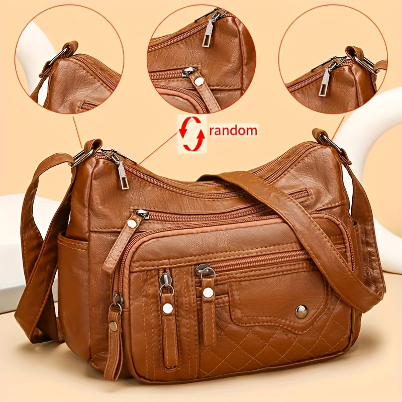 Fashionable Large Capacity PU Shoulder Bag Multifunctional Crossbody Bag, Women'S Shoulder Bag, With Adjustable Shoulder Strap, Anti-theft Zipper Closure. Multi Zipper And Multi Pocket Design Handbag, Suitable For Daily Use.