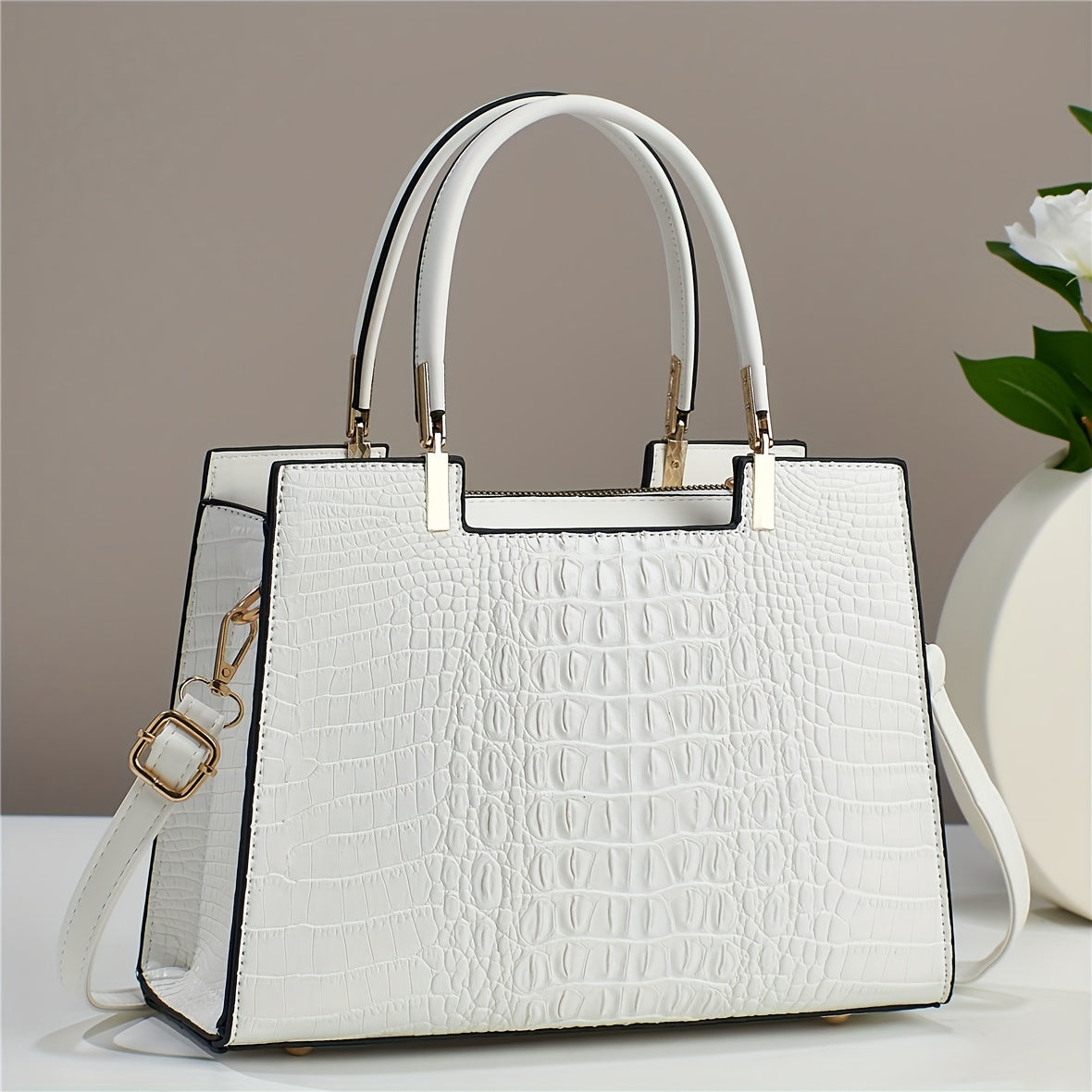 Small Stylish Crocodile Pattern Crossbody Tote Bag, Fashion Satchel Purse With Multi Pockets For Women