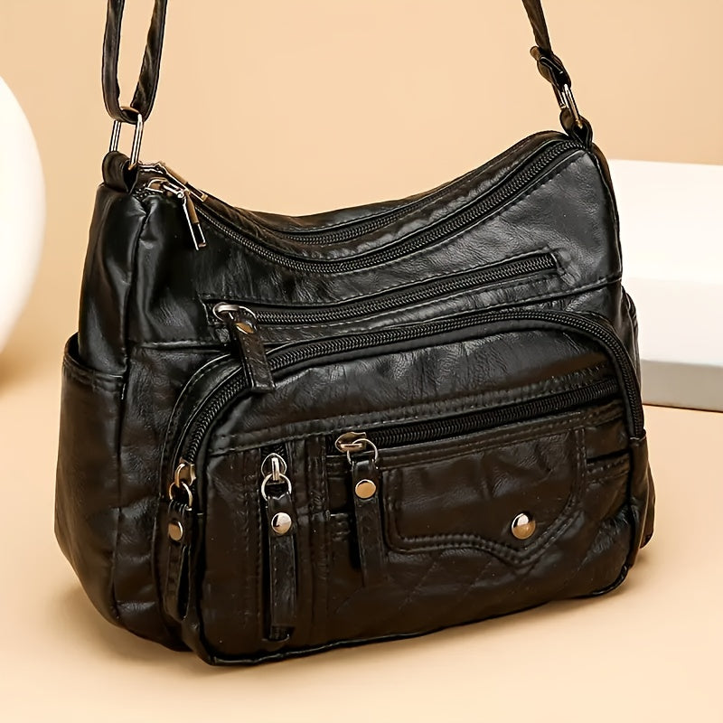 Fashionable Large Capacity PU Shoulder Bag Multifunctional Crossbody Bag, Women'S Shoulder Bag, With Adjustable Shoulder Strap, Anti-theft Zipper Closure. Multi Zipper And Multi Pocket Design Handbag, Suitable For Daily Use.