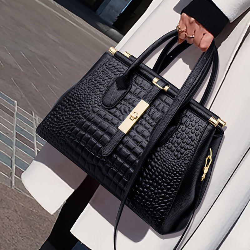 Crocodile Pattern Handbag - Fashionable Zipper Two Hand Handle Handbag - Perfect for Work and Office Use