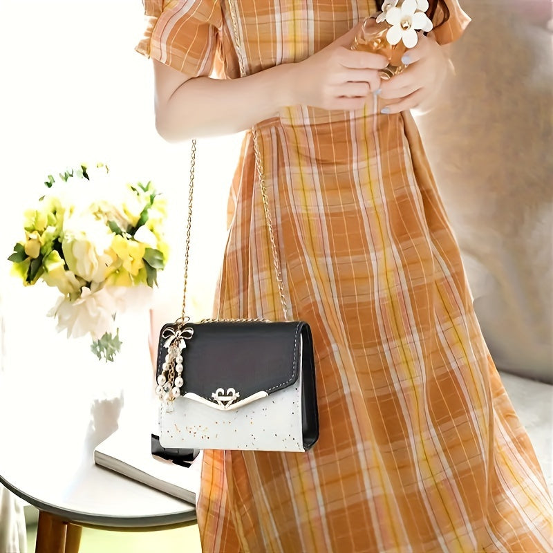 Sparkling color blocked women's shoulder bag Bow chain tote bag Fashionable large capacity women's crossbody bag Metal chain decorative crossbody bag Mobile phone bag Wallet