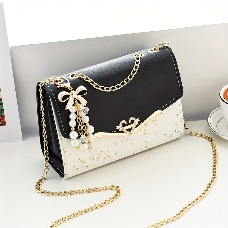 Sparkling color blocked women's shoulder bag Bow chain tote bag Fashionable large capacity women's crossbody bag Metal chain decorative crossbody bag Mobile phone bag Wallet