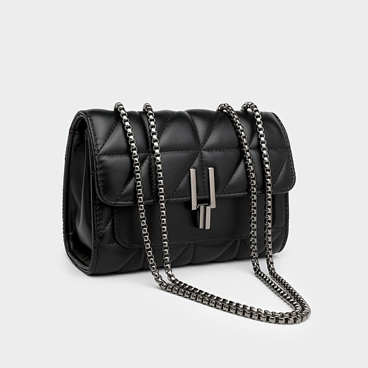 Elegant Black Quilted Crossbody Bag with Adjustable Chain Strap, Compact -Stitched Design for Women, Perfect for Everyday Essentials and Versatile Outfits, Everyday Crossbody Bag | Minimalist Luxury Bag | Metallic Chain Strap
