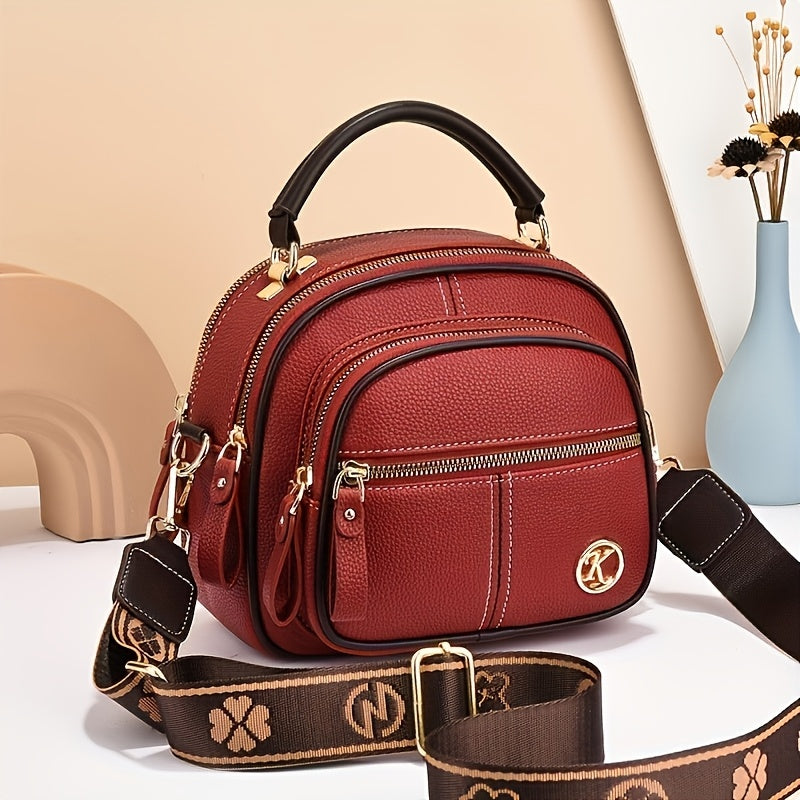 Stylish Handbag Stylish Women's Compact Handbag | Multiple Pockets, Adjustable Crossbody Strap, Layered Design - Red, Golden-Tone Zippers, Black Accents, Perfect for Casual Everyday Use, Small Purse