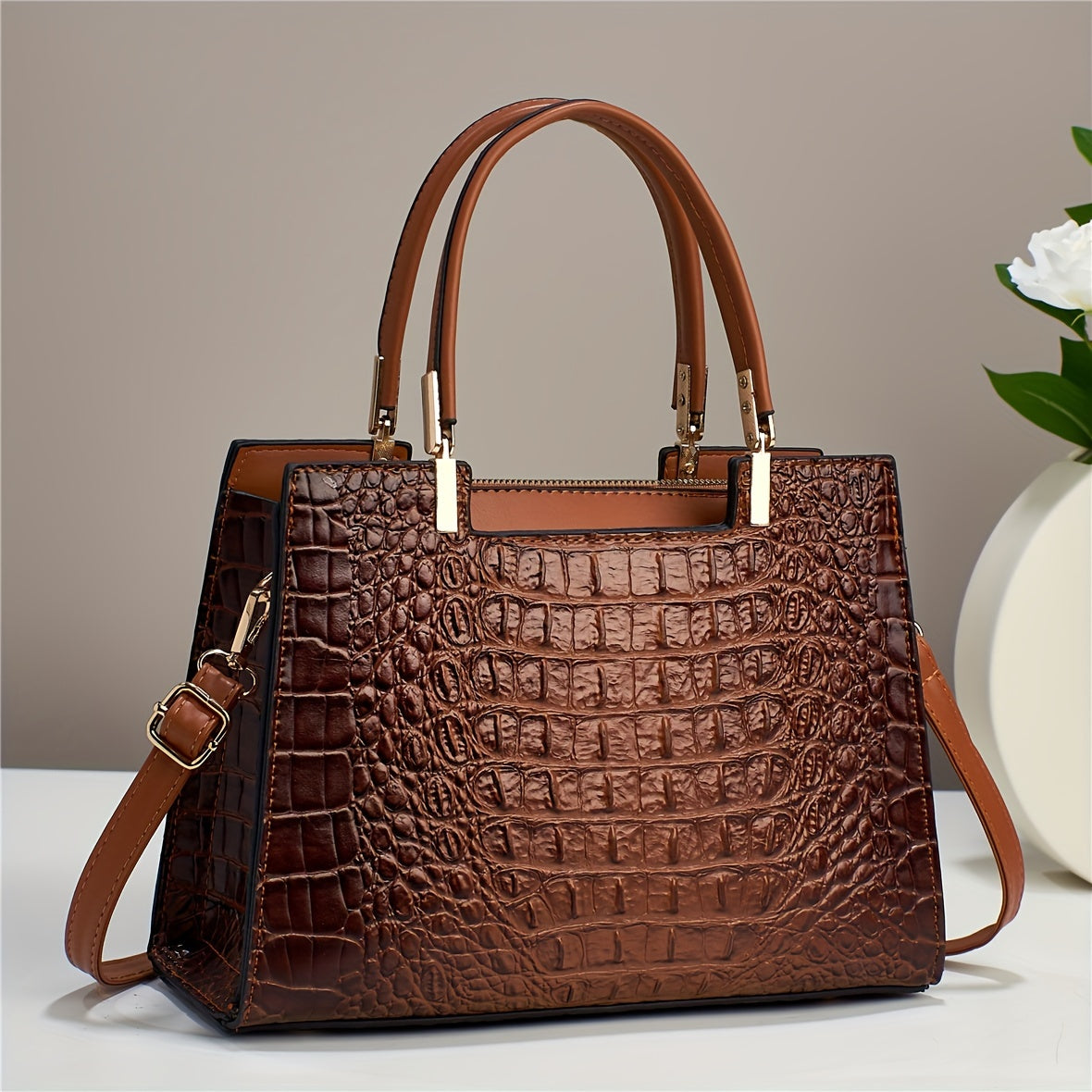 Small Stylish Crocodile Pattern Crossbody Tote Bag, Fashion Satchel Purse With Multi Pockets For Women