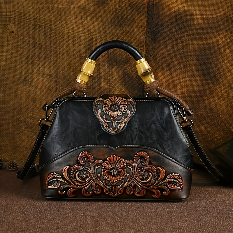 Handmade One-Shoulder Bag Large Capacity Luxurious One-Shoulder Cross-Body Handbag, Pure Handmade, Multi-Compartment, Embossed Retro Craft